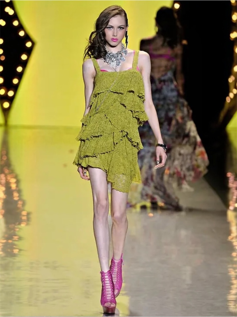 Betsey Johnson Runway Y2K Vintage Knit Ruffle Tiered Mini Dress Chartreuse - Picture 2 of 8